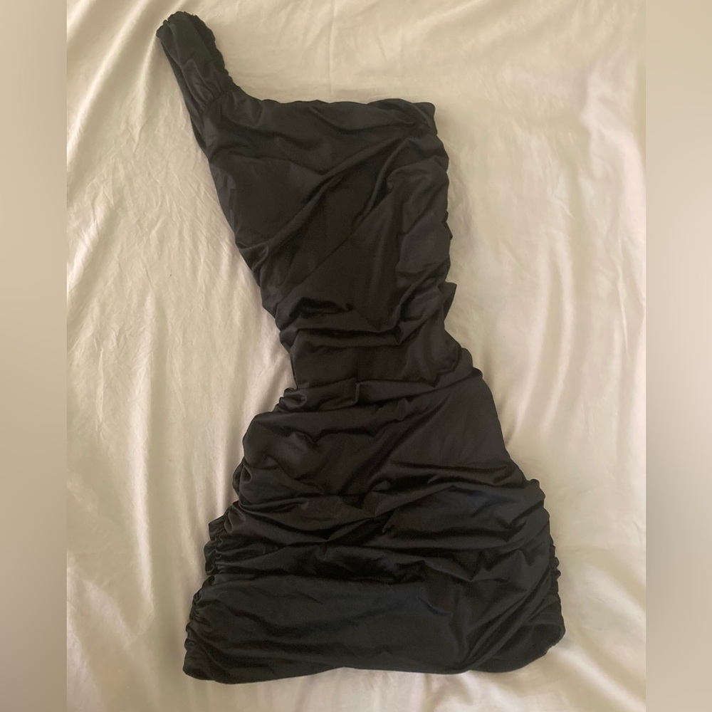 Ruched one-shoulder spandex little black dress